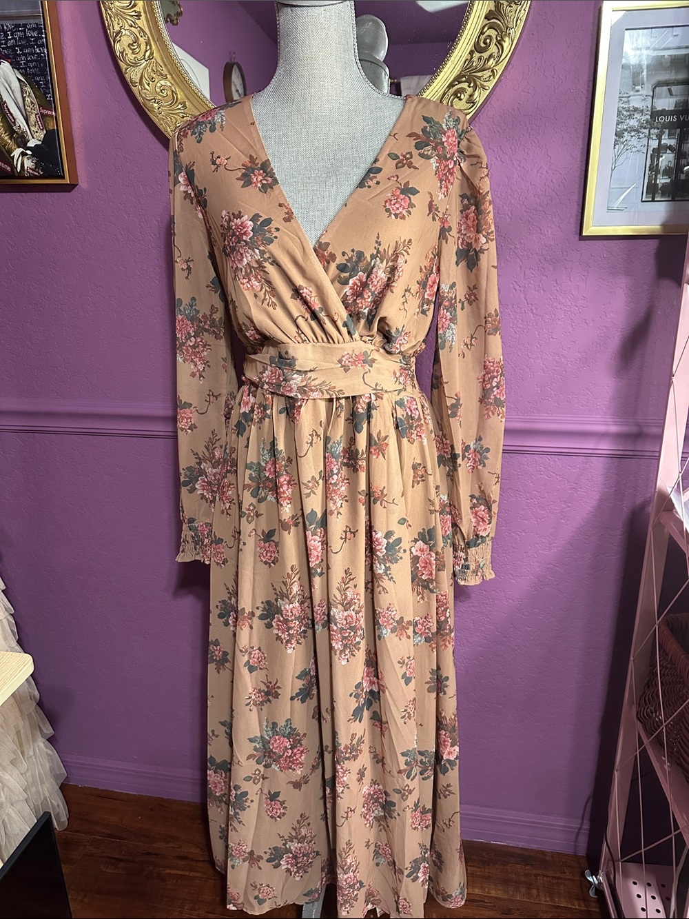 Trendy boutique Beige Floral Wrap Maxi Dress NWOT